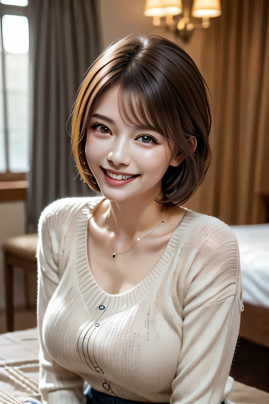 ((Realistic Light, Highest quality, 8k, Tabletop: 1.3)), 1 girl, Brunette Pixie Cut, Large Breasts, (Summer Sweater), Highly detailed face, Beautiful Eyes, double eyelid, grin, (Elegant), Relax, (My Room)