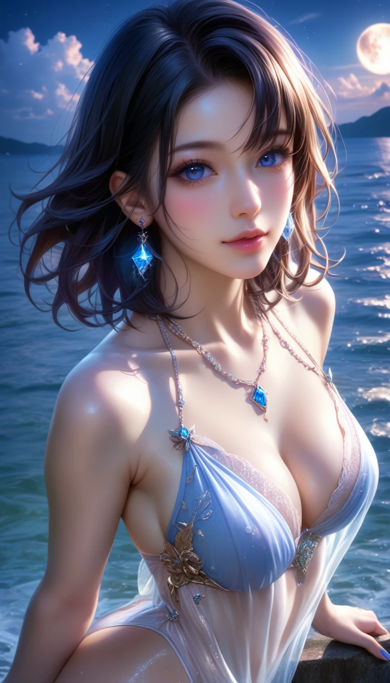 score_9, score_8_superior, score_7_superior, A masterpiece in 32K resolution,Highest quality,it is really amazing,Very detailed,Ultra-high resolution,Ultra-realistic,Realistic,Increased depth of field,Cinematic lighting,
Elegant Japanese adult woman,
black straight medium hair,Ultra-detailed and beautiful face,Gentle expression,Translucent white skin,Realistic skin texture,
Sexy Swimwear,
Bold design,Artistic design,Beautiful and detailed pattern,Detailed fabric texture,
Gorgeous necklace,Earrings,
Coastline at night,Giant Moon,Dark clouds floating in the dark night sky,
High angle,
