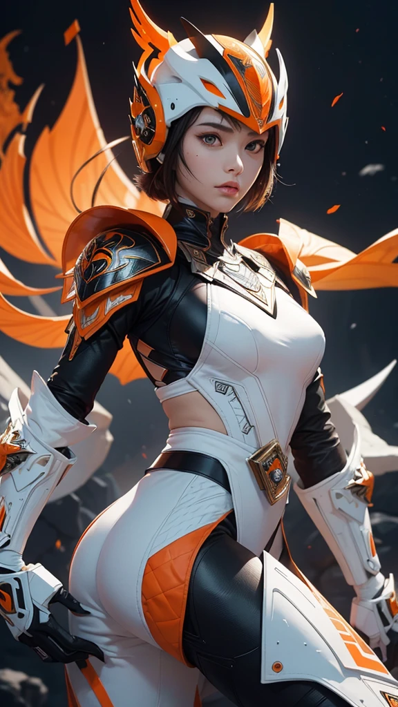 Here is a detailed description of the character in the image:
### Head:
- **Helmet**: The helmet is predominantly orange with intricate geometric patterns.
- **Faceplate**: The faceplate is white with angular eye openings Here is a detailed description of the character in the image:
### Head:
- **Helmet**: The helmet is predominantly orange with intricate geometric patterns.
- **Faceplate**: The faceplate is white with angular eye openings that are filled with yellow mesh, giving it a mechanical, insect-like appearance.
- **Horn/crest**: The top of the helmet features a pronounced orange crest that extends upwards.
### torso:
- **Chest armor**: The chest is covered in segmented armor, with the right side being orange and the left side white. The armor has geometric designs and a high-tech look.
- **belt**: A black belt with a central blue and orange device, possibly a transformation or activation mechanism.
- **Shoulder pads**: Asymmetrical shoulder pads, with the right one being larger and orange, while the left is smaller and white.
### Arms:
- **Right arm**: Orange armor with black geometric patterns.
- **Left arm**: White armor with similar patterns but more subdued.
- **Gloves**: Both hands are covered in white gloves with mechanical detailing.
### Legs:
- **Right leg**: Orange armor with black geometric designs, mirroring the right arm.
- **Left leg**: White armor, matching the left arm in color and pattern.
### Overall Appearance:
- **Color Scheme**: A striking asymmetrical design with a mix of orange, white, and black, creating a visually dynamic and high-tech look.
- **Style**: The character's overall design is sleek and modern, with a strong emphasis on geometric patterns and a high-tech, futuristic aesthetic.
Textured skin, Super Detail, Attention to detail, high quality, 最high quality, High resolution, 1080P, hard disk, Gorgeous beauty,(Kamen Rider),(Female rider),Bodysuits,Combat Suit,Transformation Belt,BATTLE MODE,Metal,Transform into Kamen Rider,Full Face Helmets,
One girl, solo, Simple Background, Large Breasts,