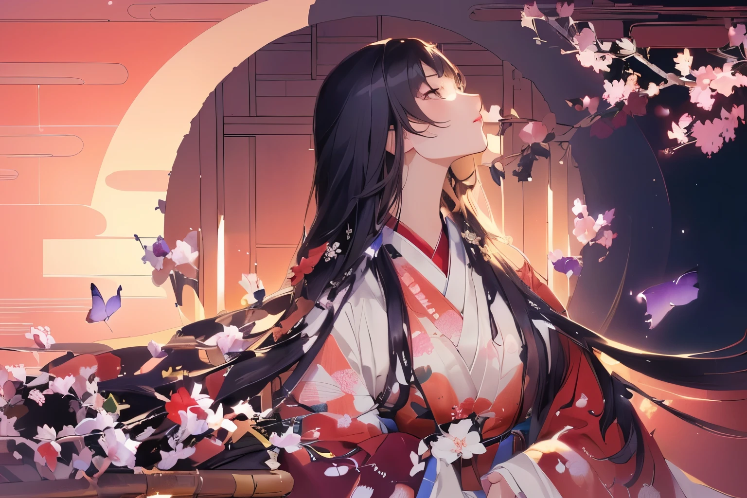((masterpiece, top quality, high resolution, highly detailed CG unified 8K wallpaper)), Anime girl with long straight hair and colorful kimono, japanese art style, japanese art, beautiful artwork illustration, traditional japanese art, from the warring states period, beautiful anime woman, beautiful anime, japanese illustration, beautiful anime artwork big full moon with bamboo forest, night background, medieval japanese garden, woman looking up at sky with full moon in background, 
