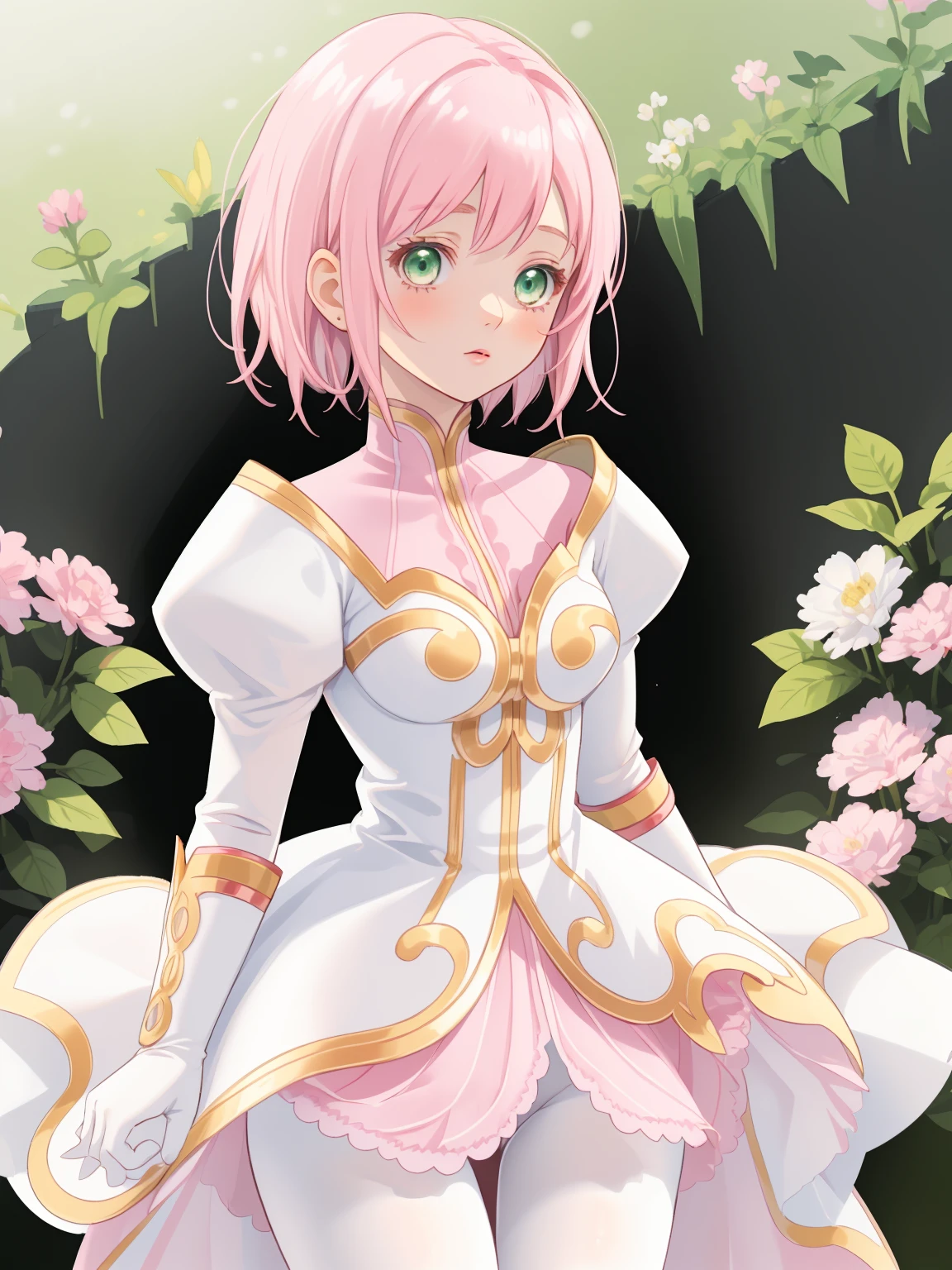 masterpiece, Highest quality, alone, One Girl,Estellise Sidos Heurassein, Pink Hair, short hair, Green Eyes, Small breasts, White and pink dress, Glamorous Dress, Pink collar, Pink Skirt, White boots, White gloves, (Black Pantyhose, Black legwear:1.1)whole body, Little:5, cute, (Beautifully detailed face), (Beautiful attention to detail), (Beautiful detailed hair)