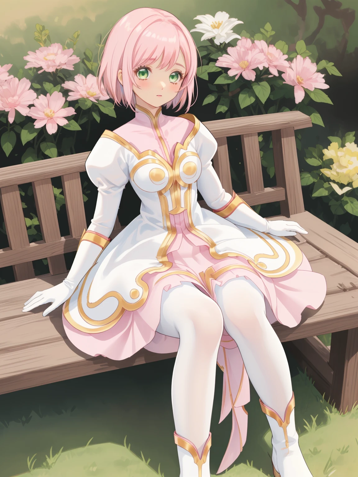 masterpiece, Highest quality, alone, One Girl,Estellise Sidos Heurassein, Pink Hair, short hair, Green Eyes, Small breasts, White and pink dress, Glamorous Dress, Pink collar, Pink Skirt, White boots, White gloves, (Black Pantyhose, Black legwear:1.1)whole body, Little:5, cute, (Beautifully detailed face), (Beautiful attention to detail), (Beautiful detailed hair)