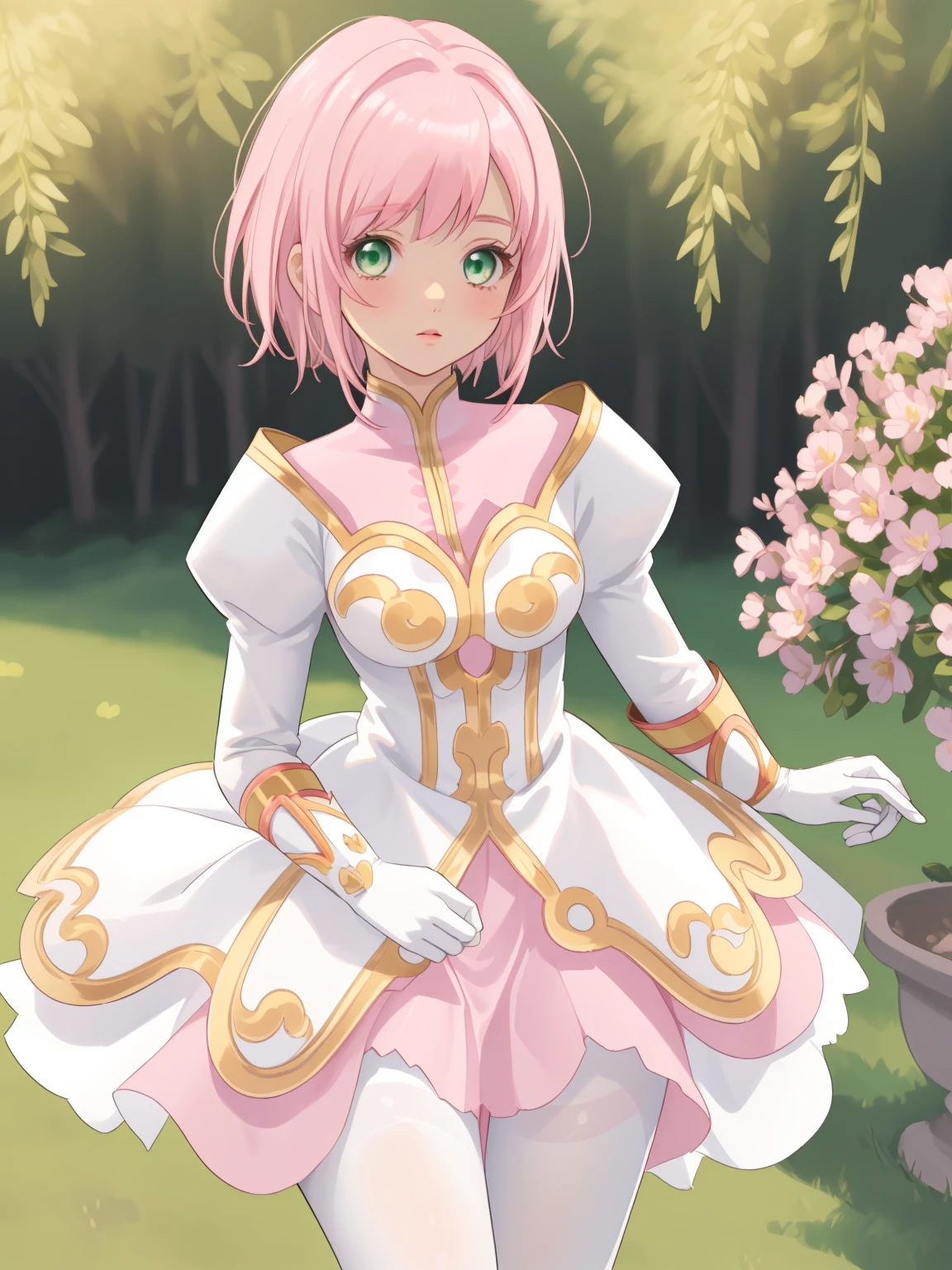 masterpiece, Highest quality, alone, One Girl,Estellise Sidos Heurassein, Pink Hair, short hair, Green Eyes, Small breasts, White and pink dress, Glamorous Dress, Pink collar, Pink Skirt, White boots, White gloves, (Black Pantyhose, Black legwear:1.1)whole body, Little:5, cute, (Beautifully detailed face), (Beautiful attention to detail), (Beautiful detailed hair)