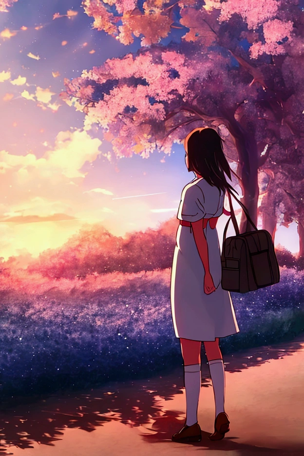 A girl looking at the weather with a dazzling look、Back view、shinkai、Brood、White clothes、whole body、Down to the feet、Shadows are also reproduced,