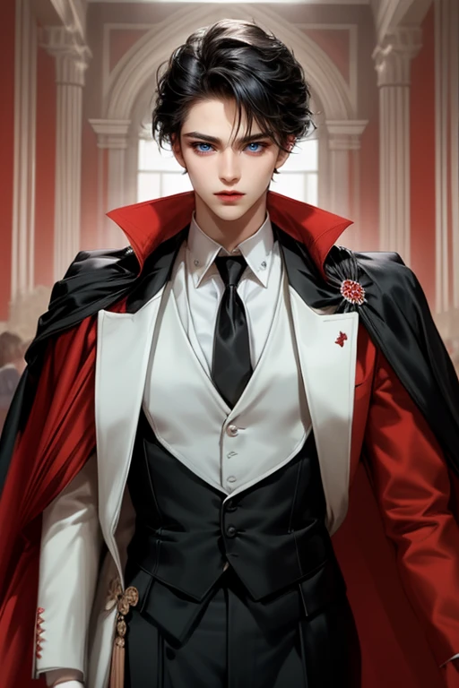 masterpiece, 最high quality, high quality, 1 boy, alone, Male focus, Watching the audience, Messy black hair, Adorable big blue eyes, White, Noble, Noble,A sexy, voluminous, puffy cape、tuxedo、A very voluminous, large, very large, very large, long, long red and black cape with a high stand-up collar, made of a lot of fabric that reaches down to the floor., 17 years old,Cute beautiful boys,Cute, cute, kind, handsome guy