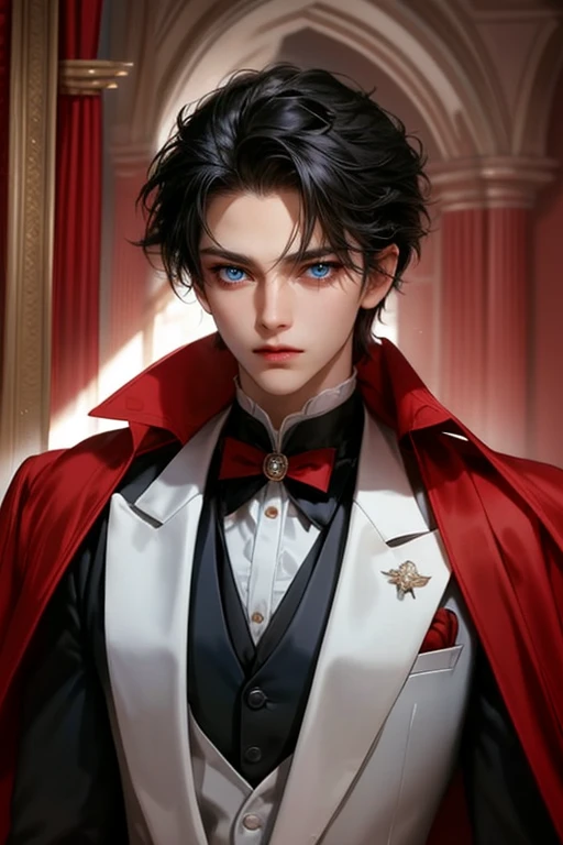 masterpiece, 最high quality, high quality, 1 boy, alone, Male focus, Watching the audience, Messy black hair, Adorable big blue eyes, White, Noble, Noble,A sexy, voluminous, puffy cape、tuxedo、A very voluminous, large, very large, very large, long, long red and black cape with a high stand-up collar, made of a lot of fabric that reaches down to the floor., 17 years old,Cute beautiful boys,Cute, cute, kind, handsome guy