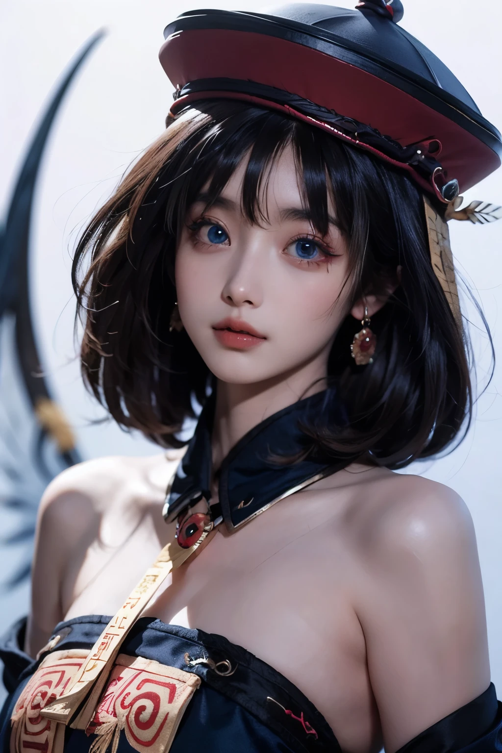 (qing guanmao:1.3),Hat,(red gemstone:1.2),white background,simple background,(gem:1.2),hwah jah,(streaked hair:1.4),floating paper,zombie fairy,(multicolored hair:1.3),(blue eyes:1.2),bare shoulders,, best quality , masterpiece, illustration, an extremely delicate and beautiful, extremely detailed ,CG,unity,8k wallpaper, Amazing, finely detail, masterpiece, best quality,official art,extremely detailed CG unity 8k wallpaper,absurdres, incredibly absurdres, huge filesize , ultra-detailed, highres, extremely detailed,beautiful detailed girl, extremely detailed eyes and face, beautiful detailed eyes,light on face,