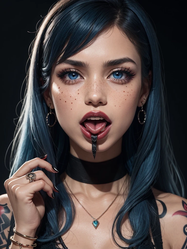1girl, tattoo, tongue, solo, jewelry, blue_hair, blue_eyes, tongue_out, long_hair, ring, open_mouth, teeth, arm_tattoo, looking_at_viewer, makeup, bracelet, necklace, choker, freckles, red_background, black_nails, body_writing, fingernails, nail_polish, realistic, hand_tattoo, mascara, red_lips, piercing, earrings, chest_tattoo, hair_between_eyes, upper_body