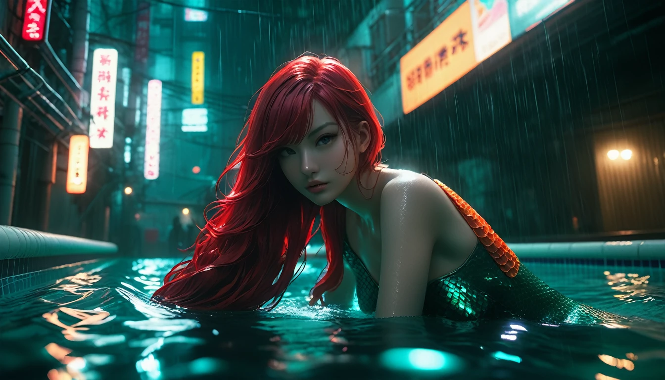 red hair mermaids swim in the tokyo night pool, hyper detailed, dark moody lighting, cyberpunk, highly detailed, cinematic,dramatic pose, (best quality,4k,8k,highres,masterpiece:1.2),ultra-detailed,(realistic,photorealistic,photo-realistic:1.37),moody lighting,dramatic shadows, environment,dark alleyway,detailed architecture,cinematic perspective,dynamic composition,strong contrast,intense colors