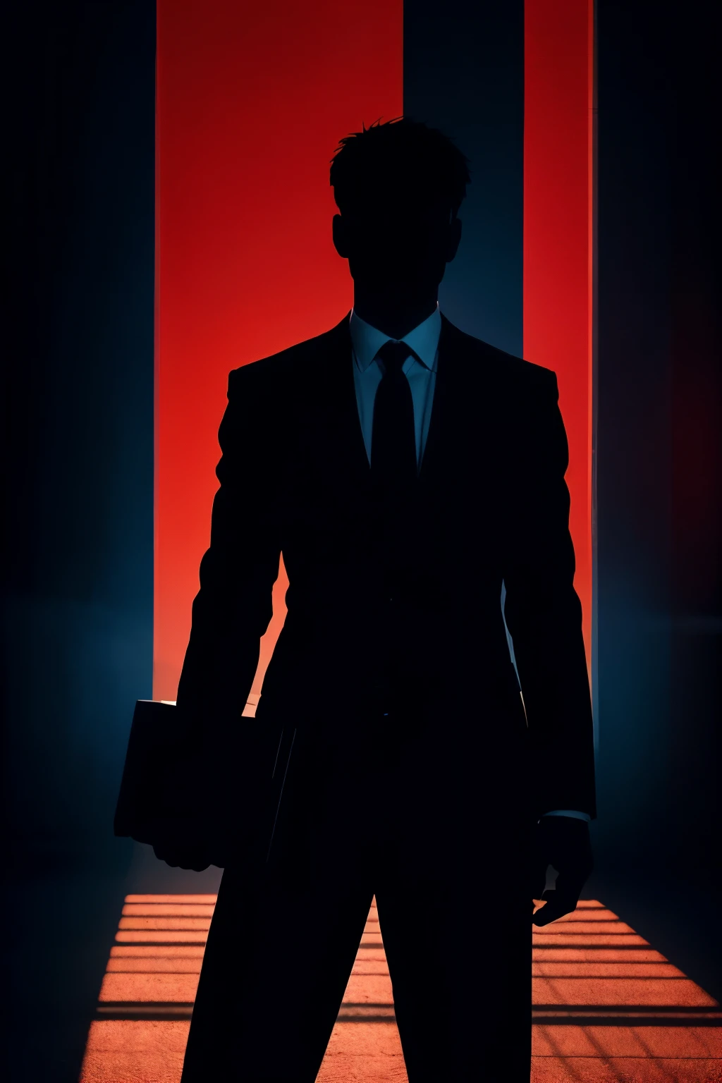 Business Executive Silhouette
In this composition, the executive stands against a monochromatic background, their face obscured by shadows. The vivid blue and red rim lights create a captivating contrast, enhancing the dramatic atmosphere. The ultra-clear details emphasize the intensity of the scene.