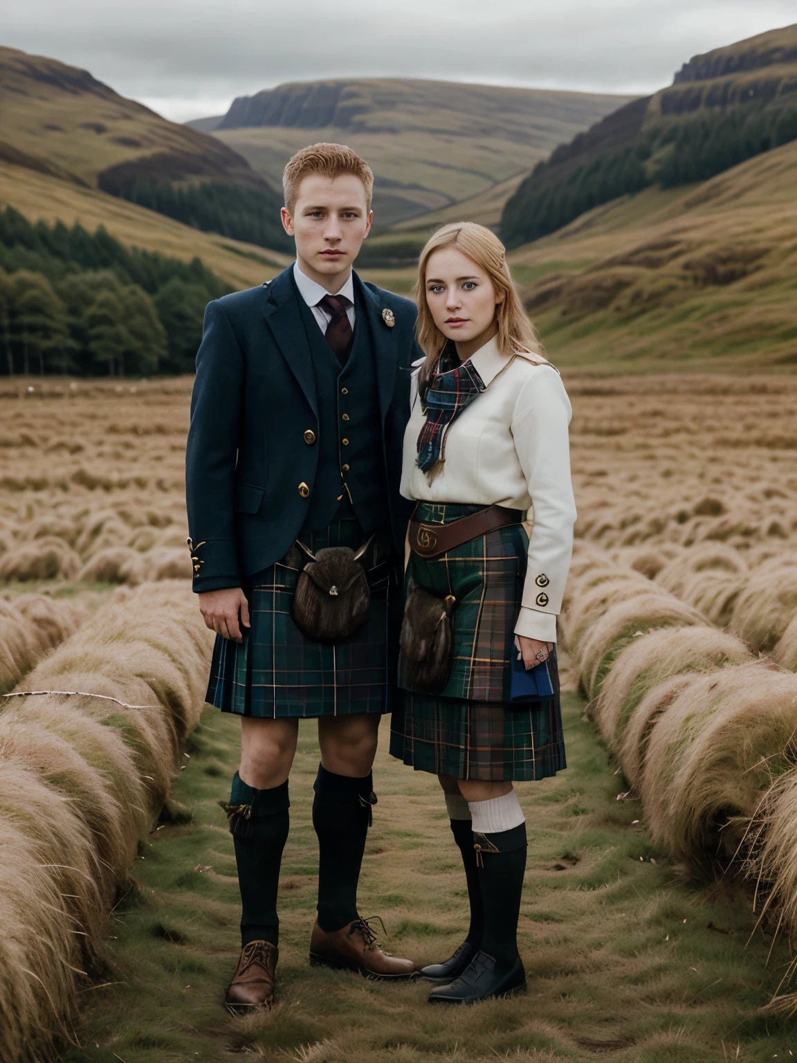 (1 boy and 1 girl is existence) (1 girl name is Catherine, 1 boy name is Henry ),with stand on ground, looking at viewer, Scottish woman, 25years-old, (blond hair , blue eye, shot cut, serious),A beautiful Scottish woman wearing traditional Highland dress, including a tartan kilt and accessories like a sporran and sash, standing in a picturesque Scottish landscape. The scene should highlight the elegance and cultural richness of Scottish heritage, ((super detail, high details, high quality, accurate, anatomically correct, textured skin, beautiful fingers super detail, high details, high quality, best quality))