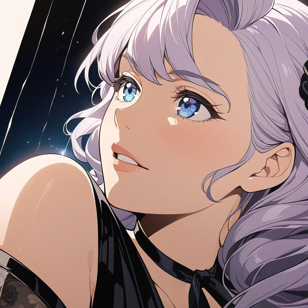 classy woman in a dress, mature woman, beautiful woman, older woman, diva, 1girl, light purple hair, long hair, blue eyes, close up, black clothes, simple background, centred, movie poster, beautiful lighting, masterpiece, 4k, hd, best quality, detailed, thick line art, variable line art, vintage poster