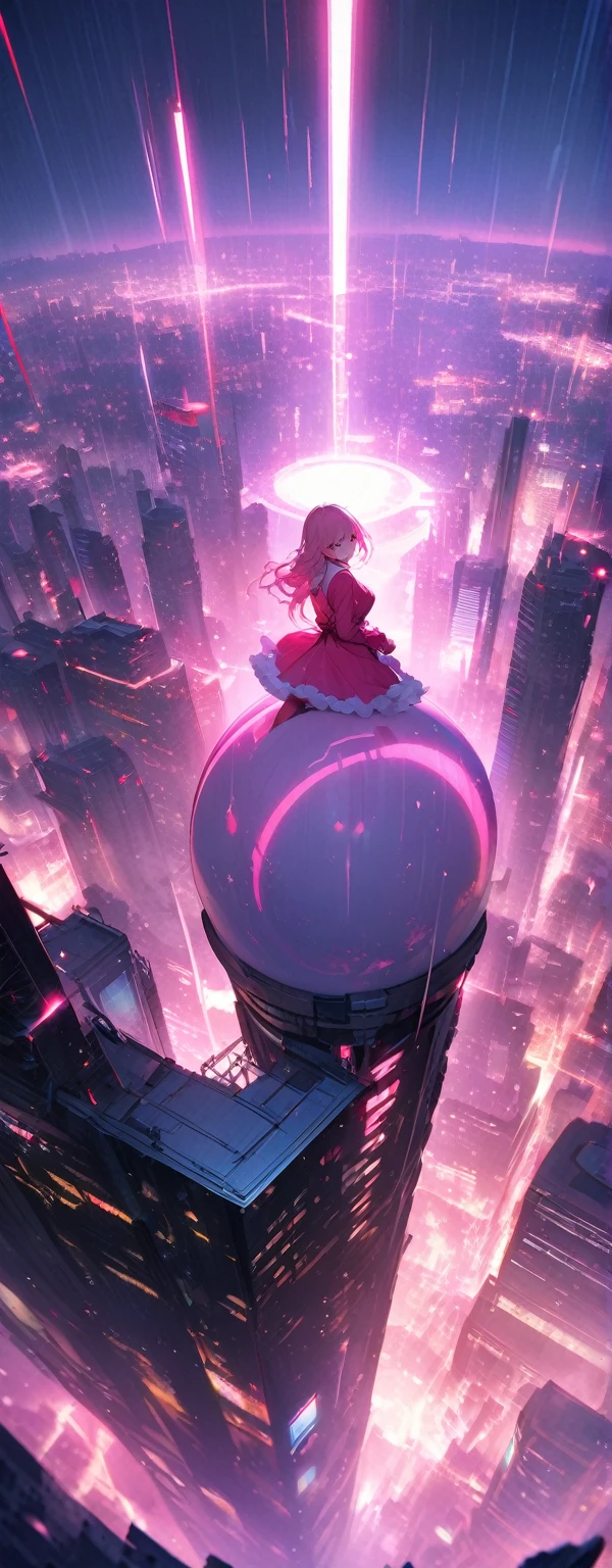Looks about 15 years old, (beautiful girl: 1.3),Highest quality,8k,Highly detailed CG unit wallpaper,masterpiece:1.2,top-quality,Ultra-high resolution,RAW Photos,real texture skin,Cinema Lighting,Huge buildings,metropolis,Big, round, beautifully shaped butt,),(Perfect hands, Perfect Anatomy),((Cyber city bathed in pink light rain)),(Panoramic View:1.5),(((the world turns upside down))),1girl,