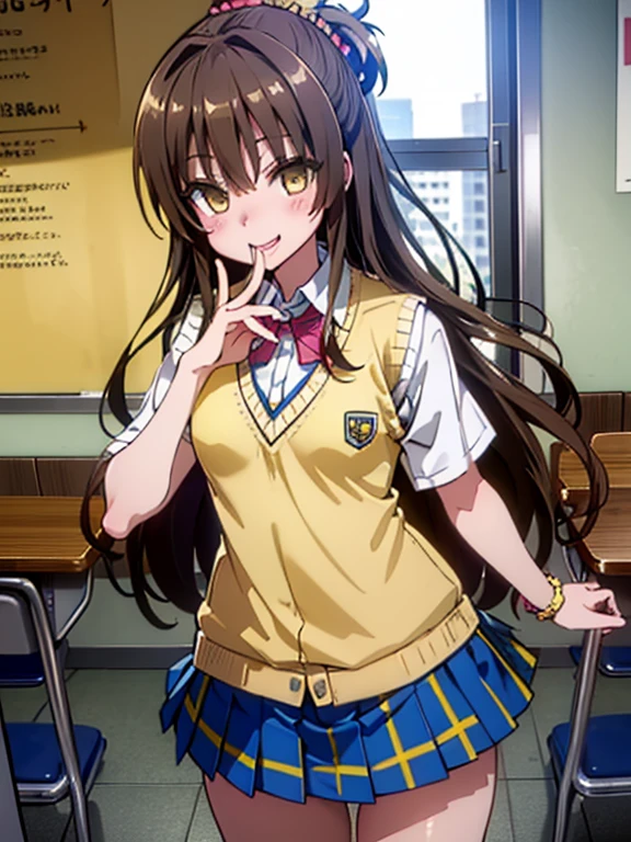 drunken eyes, embarrassed, smile,
green skirt, plaid, plaid skirt, sainan high school uniform, school uniform, skirt, shirt, white shirt, sweater vest, (yellow sweater vest:1.5),Cute pink underwear,
smile,
Mikan Yuuki, (brown eyes:1.5), brown hair, hair ornament, hair scrunchie, long hair, pink scrunchie, scrunchie,
Symmetrical eyes,((Highest quality)), ((masterpiece)),(detailed),High resolution,Sharp focus,Perfect Face,Perfect Fingers,{best illustration},(complete anatomy),
(非常にdetailed CG unity 8k wallpaper),(((Vibrant colors))),Official Art,
shiny 肌,very shiny 肌,Shiny body,plastic glitter 肌,exaggerated shiny 肌,illuminated 肌,
((detailedなボディ)),(detailedな顔)), cute,Lewd,erotic,Bold,Camel Toe,(erection of nipple),
High school classroom,Schoolyard seen from the window,machine,Chair,
Cunnilingus gesture,
