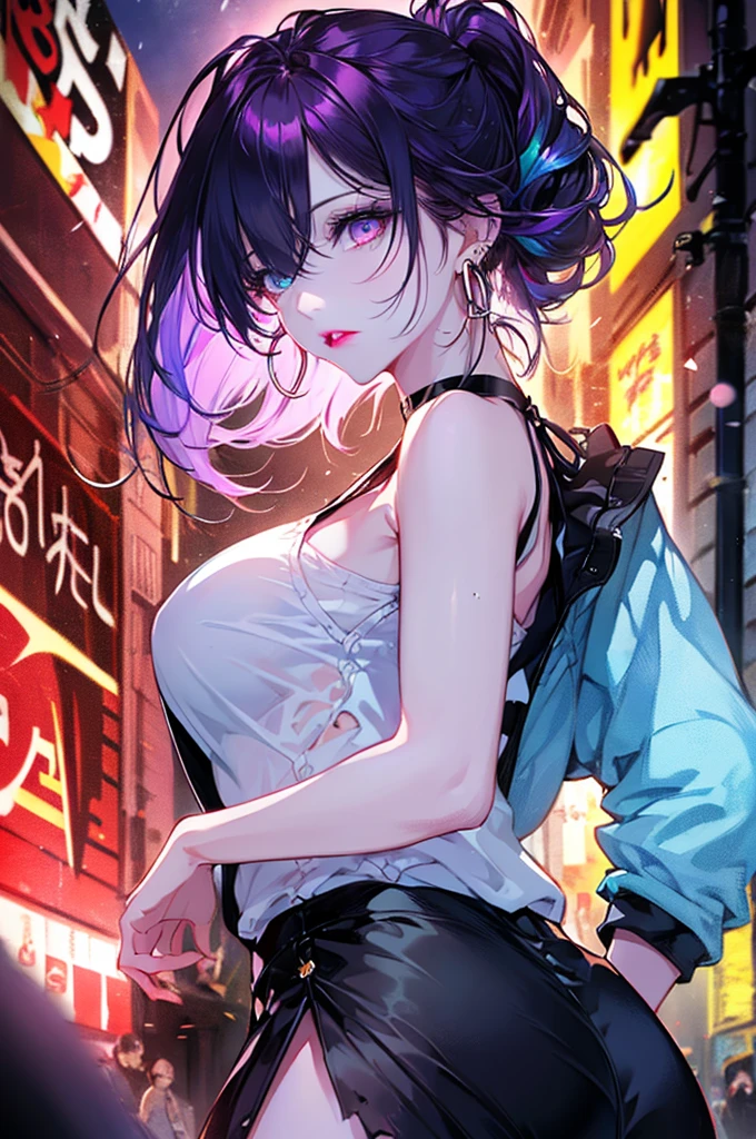 Hair above one eye, Red eyes, Clear Eyes, choker, Neon Shirt, Torn legwear, Open jacket, Against the wall, Brick wall, graffiti, Shineing grafiti, Shineing tattoos, Shine, Neon Light, Black light,Anime Style, movieポートレート写真, 1 female, 22 years ago, whole bodyエスビアン,Blue Eyes Background, Big and ample breasts, anger, (Scarlet Hair), Long Hair, Purple eyes, Wearing a short black dress, (Natural skin texture Sharp details, Surreal, (Realistic eyes, Natural skin texture, Realistic facial details), Soft and dramatic lighting, Written boundary depth, Bokeh, Sharp details, Surreal, 35mm movie, Blurred, movie,lipstick, ear piercing, eye shadow, Hoop Earrings, Red pink lips, 多色のRed eyes, Purple Theme,Wear an iridescent aura,Beautiful Eyes,Standing in front of the red gate,Bold Pose、Upward glance,Top ponytail,drooping bangs、Shooting from below、Peep、Looking straight down、Angle seen from the foot,boots,(((Shooting from various angles)),Peeking from above,whole body