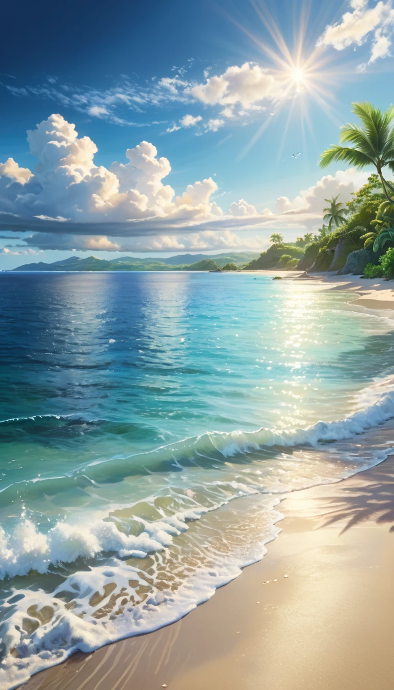 A tranquil seaside landscape, Sunny sea, Golden sandy beaches, Beautifully detailed clouds, Serene atmosphere, oil, Lush tropical vegetation, Warm and cozy light, Soft pastel colors, An enchanting dreamlike quality, Very detailed, (Highest quality,4K,8k,High resolution,masterpiece:1.2),Very detailed,(Realistic,photoRealistic,photo-Realistic:1.37),landscape,Sea view,Sea view painting,Tropical paradise,美しいビーチのlandscape,Cinema Lighting,Vibrant colors,Incredible realism