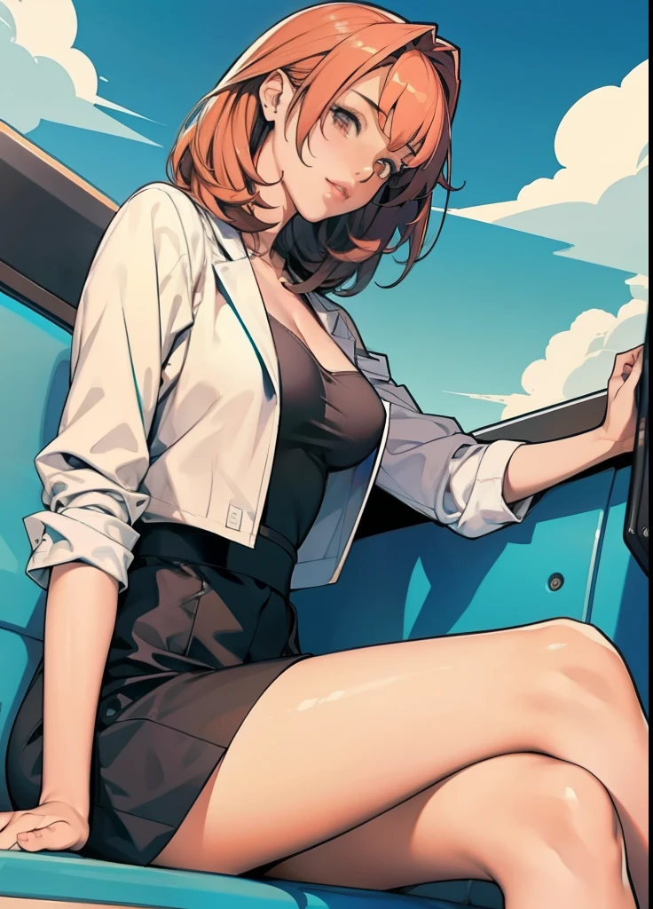 (Masterpiece),(best quality:1.0), (ultra high definition:1.0), details, A young girl., blue sun protection coat, golden hour, Beautiful, detailed skin, (Sitting in the car), ดวงตาที่มีdetails, open legs, , Wet crotch, Embarrassing, natural light,