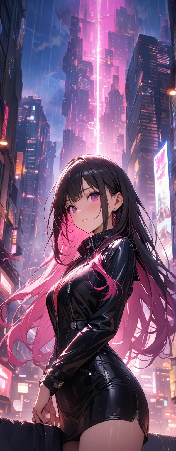 Looks about 15 years old, (beautiful girl: 1.3),Highest quality,8k,Highly detailed CG unit wallpaper,masterpiece:1.2,top-quality,Ultra-high resolution,RAW Photos,real texture skin,Cinema Lighting,Huge buildings,metropolis,Big, round, beautifully shaped butt,),(Perfect hands, Perfect Anatomy),((Cyber city bathed in pink light rain)),(((the world turns upside down))),1girl,