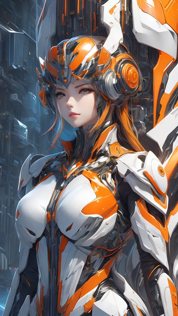 Here is a detailed description of the character in the image:
### Head:
- **Helmet**: The helmet is predominantly orange with intricate geometric patterns.
- **Faceplate**: The faceplate is white with angular eye openings Here is a detailed description of the character in the image:
### Head:
- **Helmet**: The helmet is predominantly orange with intricate geometric patterns.
- **Faceplate**: The faceplate is white with angular eye openings that are filled with yellow mesh, giving it a mechanical, insect-like appearance.
- **Horn/crest**: The top of the helmet features a pronounced orange crest that extends upwards.
### torso:
- **Chest armor**: The chest is covered in segmented armor, with the right side being orange and the left side white. The armor has geometric designs and a high-tech look.
- **belt**: A black belt with a central blue and orange device, possibly a transformation or activation mechanism.
- **Shoulder pads**: Asymmetrical shoulder pads, with the right one being larger and orange, while the left is smaller and white.
### Arms:
- **Right arm**: Orange armor with black geometric patterns.
- **Left arm**: White armor with similar patterns but more subdued.
- **Gloves**: Both hands are covered in white gloves with mechanical detailing.
### Legs:
- **Right leg**: Orange armor with black geometric designs, mirroring the right arm.
- **Left leg**: White armor, matching the left arm in color and pattern.
### Overall Appearance:
- **Color Scheme**: A striking asymmetrical design with a mix of orange, white, and black, creating a visually dynamic and high-tech look.
- **Style**: The character's overall design is sleek and modern, with a strong emphasis on geometric patterns and a high-tech, futuristic aesthetic.
Textured skin, Super Detail, Attention to detail, high quality, 最high quality, High resolution, 1080P, hard disk, Gorgeous beauty,(Kamen Rider),(Female rider),Bodysuits,Combat Suit,Transformation Belt,BATTLE MODE,Metal,Transform into Kamen Rider,Full Face Helmets,
One girl, solo, Simple Background, Large Breasts,