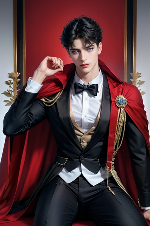 masterpiece, 最high quality, high quality, 1 boy, alone, Male focus, Watching the audience,  Messy black hair, Adorable big blue eyes, White, Noble, Noble,A sexy, voluminous, puffy cape、tuxedo、A very voluminous, large, very large, very large, long, long red and black cape with a high stand-up collar, made of a lot of fabric that reaches down to the floor., 17 years old,Cute beautiful boys,Cute, cute, kind, handsome guy