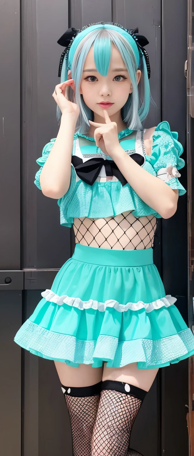 infp young woman、Good Style、、Turquoise Ruffle 、Idol face、、Colorful fishnet tights、Junk Armor shorts costume、Silver hair