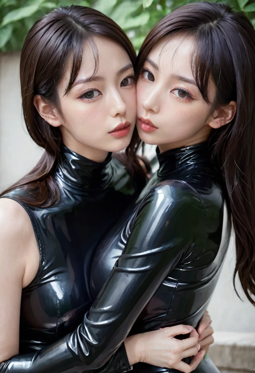 2 latex girls in latex catsuit, lisbean girl shameless  womens cat girls picture of two loving, cuddling, kissing pure love, latex shine detailed latex suit outfut