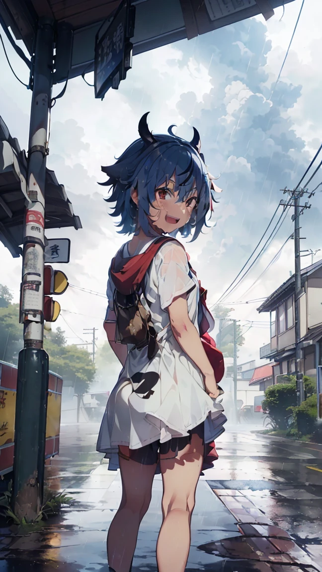 masterpiece, Highest quality, High resolution, Very detailed,(((Mikoto Naruka))), (((laughing。)))、(((Standing in the distance))), (((Facing forward。))), (((Back view))), (((thunderstorm))), (((Electric pole))), (((White T-shirt))), (((Sheltering from the rain。))), (((Cloudy))), (((Rain Clouds))), (((Bus stop in the background)))