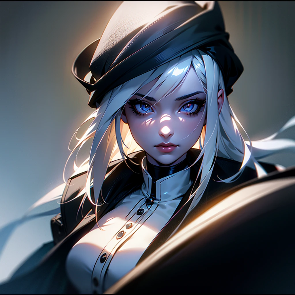 1girl, beautiful detailed eyes, beautiful detailed lips, extremely detailed face, long eyelashes, waist-length white hair, white eyes, black pantyhose, black gloves, black jacket, studio lighting, photorealistic, 8k, high quality, hyperdetailed, cinematic lighting, dramatic lighting, chiaroscuro, dramatic colors, dark fantasy, moody atmosphere