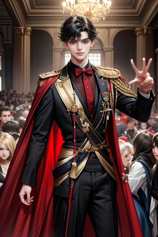 masterpiece, 最high quality, high quality, 1 boy, alone, Male focus, Watching the audience, Messy black hair, Adorable big blue eyes, White people, Noble, Noble,Sexy voluminous black and red cape、Tuxedo、A very voluminous, large, very large, very large, long, long red and black cape with a high stand-up collar, reaching down to the floor, made of a lot of fabric., 17 years old,Cute beautiful boys,Cute, cute, kind, handsome guy