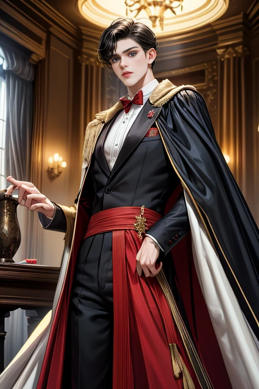 masterpiece, 最high quality, high quality, 1 boy, alone, Male focus, Watching the audience, Messy black hair, Adorable big blue eyes, White people, Noble, Noble,Sexy voluminous black and red cape、Tuxedo、A very voluminous, large, very large, very large, long, long red and black cape with a high stand-up collar, reaching down to the floor, made of a lot of fabric., ,Cute beautiful boys,Cute, cute, kind, handsome guy
