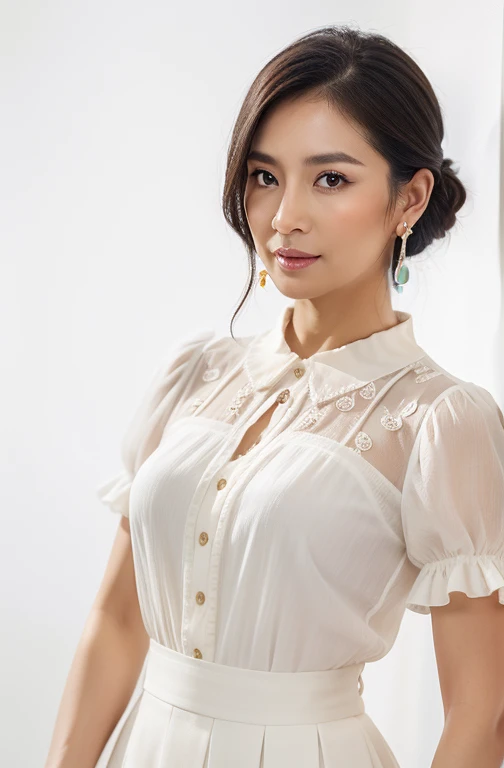 top-quality, ​masterpiece, high resolution, Photorealsitic, Raw photography, 8k wallpaper, flawless, professional lighting, highly detailed, depth of fields, white color background, ((One beautiful woman)), ((48 years old)), Female sexy, Detailed true to life face, detailed beautiful nude skin beautiful ears, (no earrings), beautiful eyes, bangs, small breasts of good shape, loose updo layers black hair, Faint moist glossy skin tone lips with lip liner, ((Stand at angle towards left side, gazing at the ground, serene face eyes)), translucent white skin, wearing a pleaded high waist skirt ultra high end luxury detailed white blouse Peter Pan collar and embroidered sheer puffy short sleeves, cowboy shot, elegant female, refined elegance, 