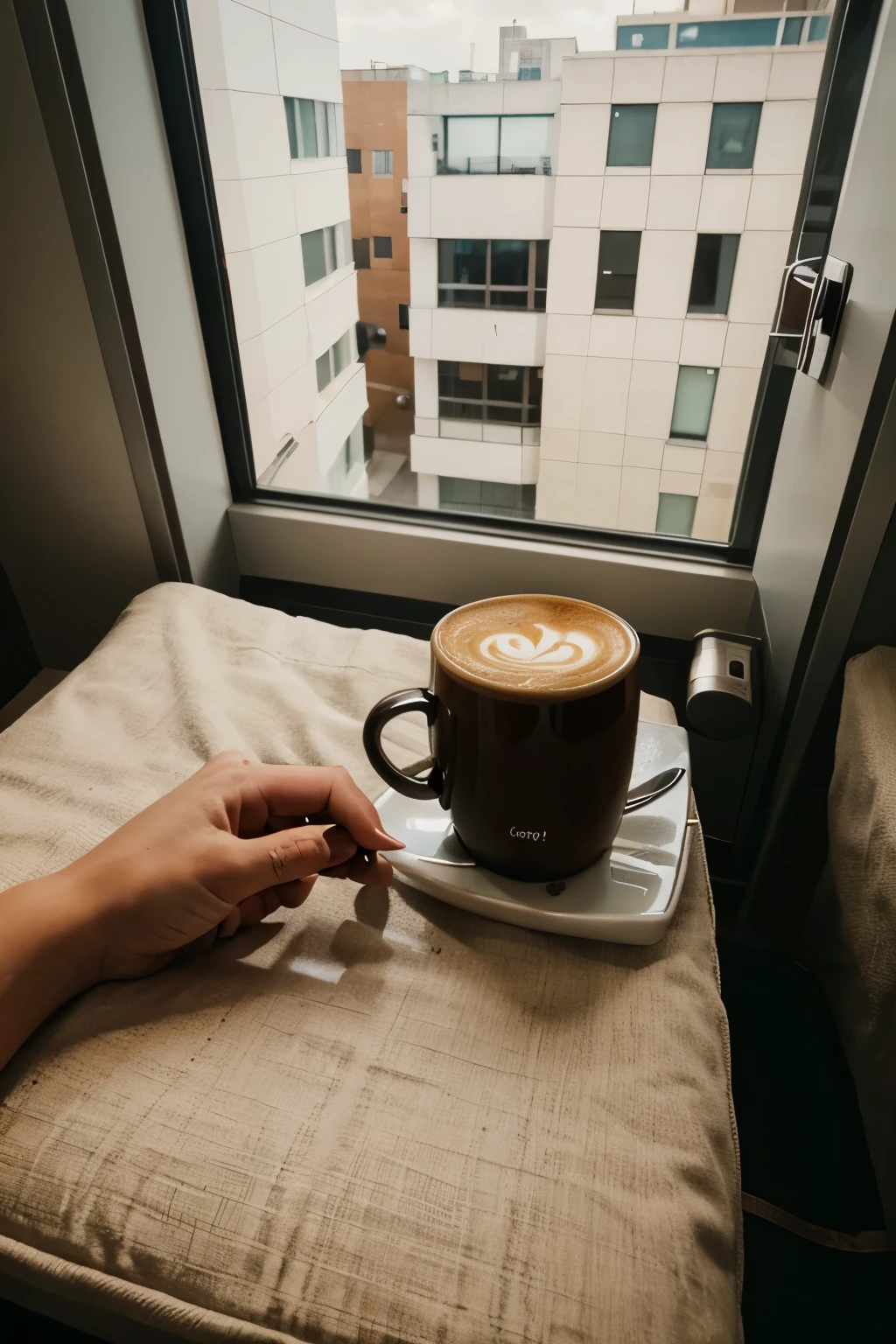 Picture of room with coffee in hand, photographed from a bird&#39;s eye view, a city can be seen in the background
