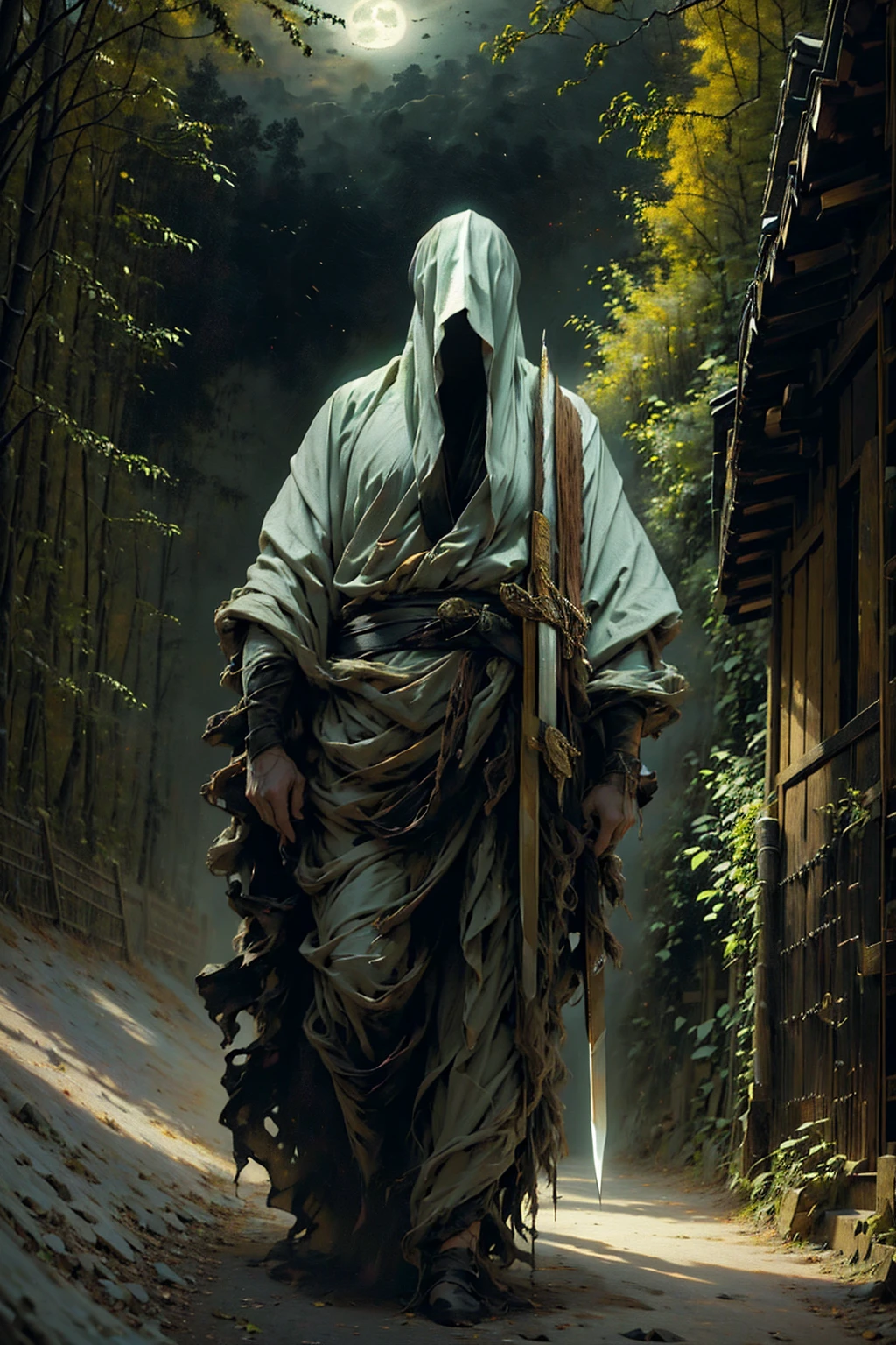 (Highest quality, 4K, High resolution, masterpiece:1.2), Very detailed, (Realistic, photoRealistic, photo-Realistic:1.37), A man dressed as a samurai stands in the rain, Wearing a bamboo hat (fail) on head. He is surrounded by deep forests, Be enlivened by the sounds of nature. It's a moonlit night, The darkness creates a mysterious atmosphere. The man is wearing a black kimono with neon red stripes that glow in the dark。, Pull him out of the situation. his sword (knife) Pulled out, Ready to act in the face of impending disaster.