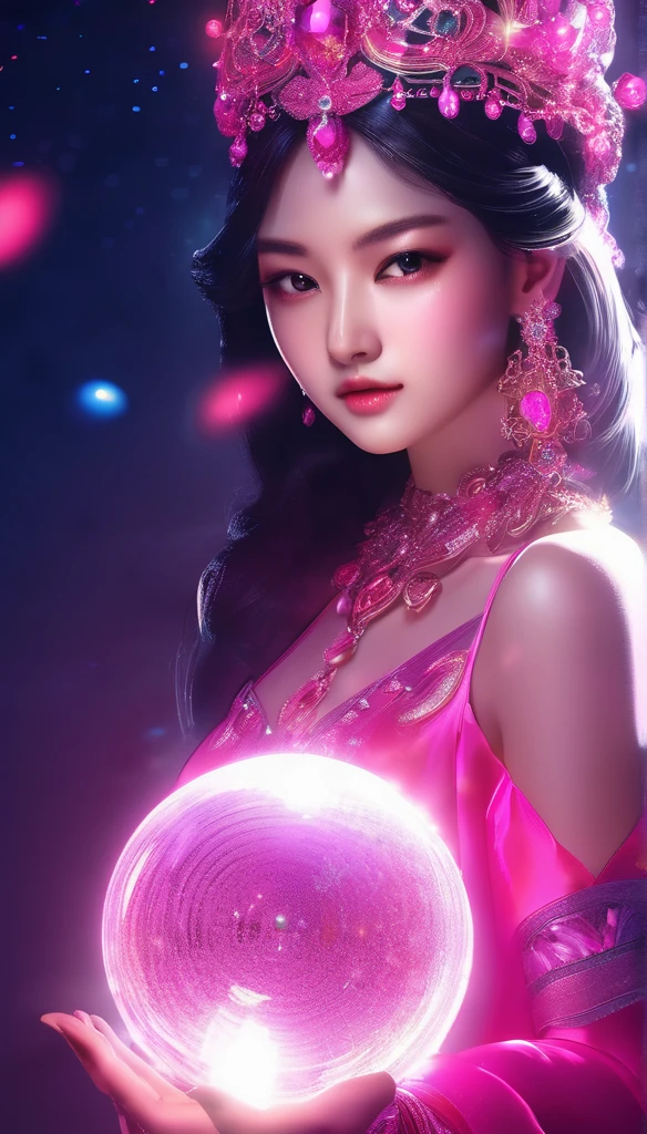 pretty girl,pink、A shining enchanting deity adorned with jewels、Holding a glowing sphere in your hand Staring straight into the camera, in the center,Very bright color, Particles of light, The light shines, disaster, Wallpaper Art, UHD wallpaper、Background pink、mysterious、A shining pink aura、Upper body close-up、Symmetrical