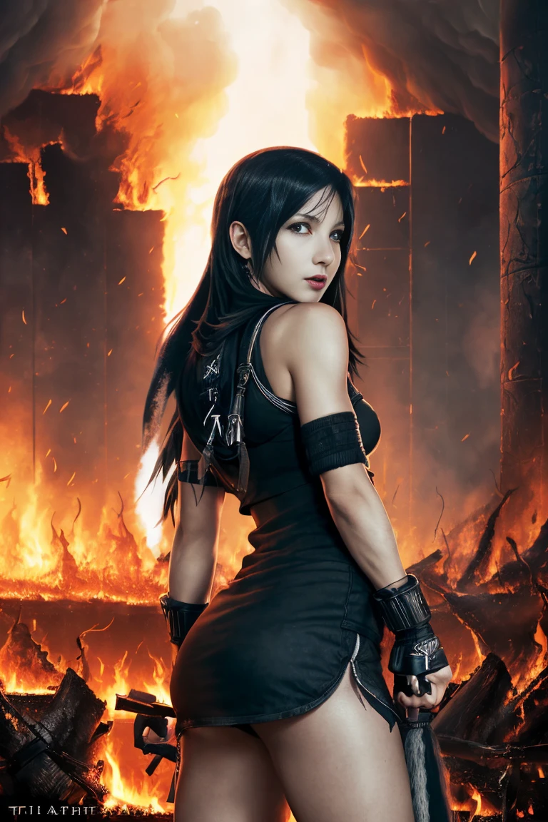 (Tifa Lockhart:1.4), mksks style, (Modern witch:1.4)(Highly detailed background:1.0), (Highly detailed background:1.0), Final Fantasy VII original, (Red eyes), One girl, Black Hair, (modern witch's costume:1.3), (fantasy-theme:1.4), (Around burning fire:1.6),