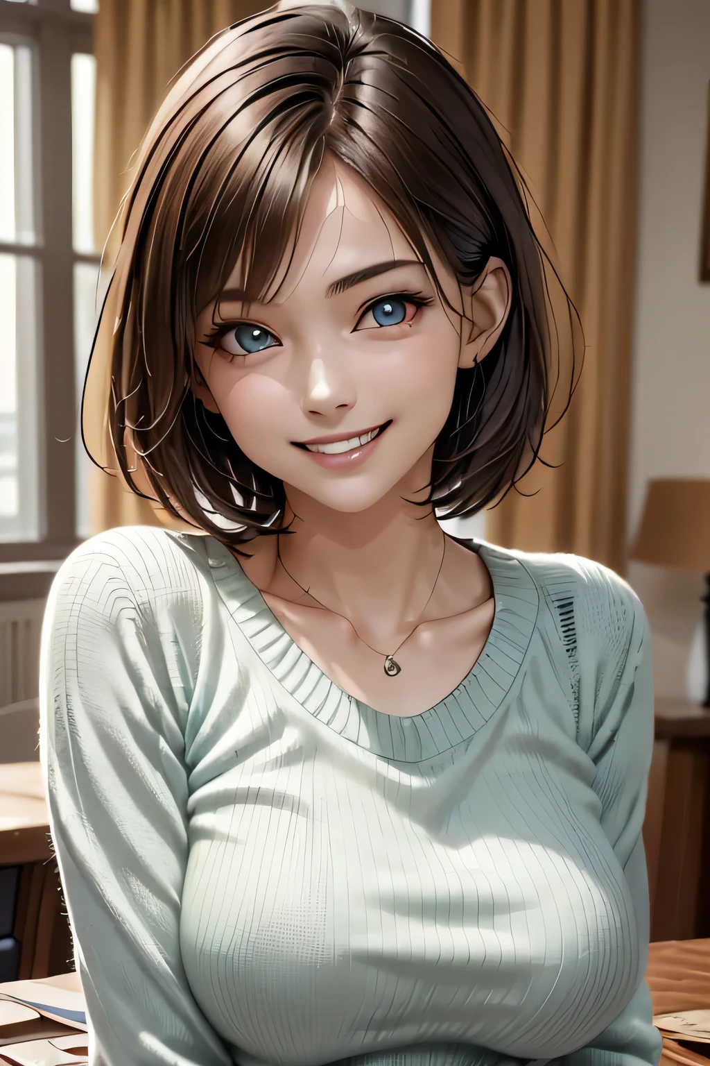 ((Realistic Light, Highest quality, 8k, Tabletop: 1.3)), 1 girl, Brunette Pixie Cut, Large Breasts, (Summer Sweater), Highly detailed face, Beautiful Eyes, double eyelid, grin, (Elegant), Relax, (My Room)