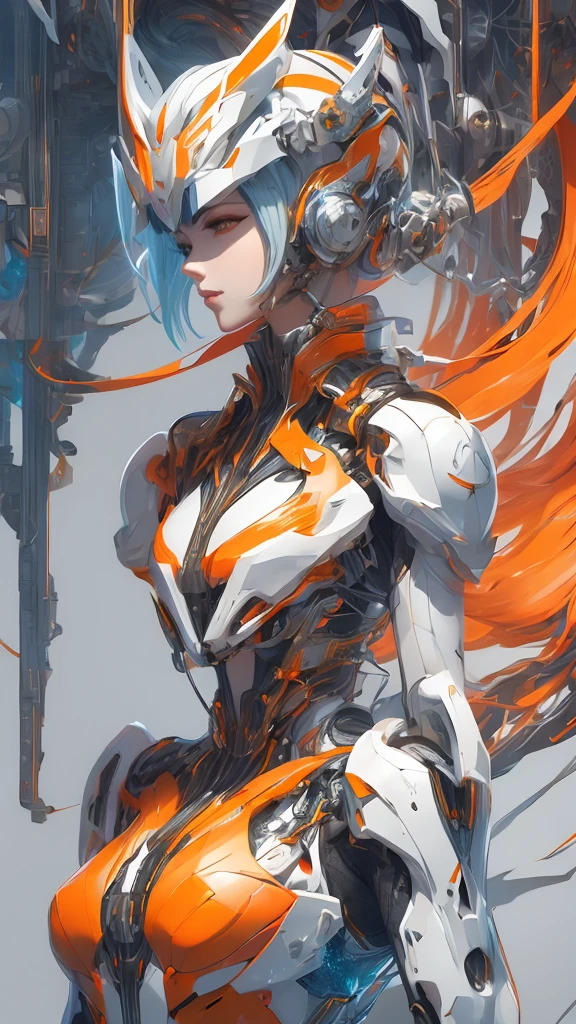 Here is a detailed description of the character in the image:

### Head:
- **Helmet**: The helmet is predominantly orange with intricate geometric patterns.
- **Faceplate**: The faceplate is white with angular eye openings Here is a detailed description of the character in the image:

### Head:
- **Helmet**: The helmet is predominantly orange with intricate geometric patterns.
- **Faceplate**: The faceplate is white with angular eye openings that are filled with yellow mesh, giving it a mechanical, insect-like appearance.
- **Horn/crest**: The top of the helmet features a pronounced orange crest that extends upwards.

### torso:
- **Chest armor**: The chest is covered in segmented armor, with the right side being orange and the left side white. The armor has geometric designs and a high-tech look.
- **belt**: A black belt with a central blue and orange device, possibly a transformation or activation mechanism.
- **Shoulder pads**: Asymmetrical shoulder pads, with the right one being larger and orange, while the left is smaller and white.

### Arms:
- **Right arm**: Orange armor with black geometric patterns.
- **Left arm**: White armor with similar patterns but more subdued.
- **Gloves**: Both hands are covered in white gloves with mechanical detailing.

### Legs:
- **Right leg**: Orange armor with black geometric designs, mirroring the right arm.
- **Left leg**: White armor, matching the left arm in color and pattern.

### Overall Appearance:
- **Color Scheme**: A striking asymmetrical design with a mix of orange, white, and black, creating a visually dynamic and high-tech look.
- **Style**: The character's overall design is sleek and modern, with a strong emphasis on geometric patterns and a high-tech, futuristic aesthetic.

Textured skin, Super Detail, Attention to detail, high quality, 最high quality, High resolution, 1080P, hard disk, Gorgeous beauty,(Kamen Rider),(Female rider),Bodysuits,Combat Suit,Transformation Belt,BATTLE MODE,Metal,Transform into Kamen Rider,Full Face Helmets,

One girl, solo, Simple Background, Large Breasts, 