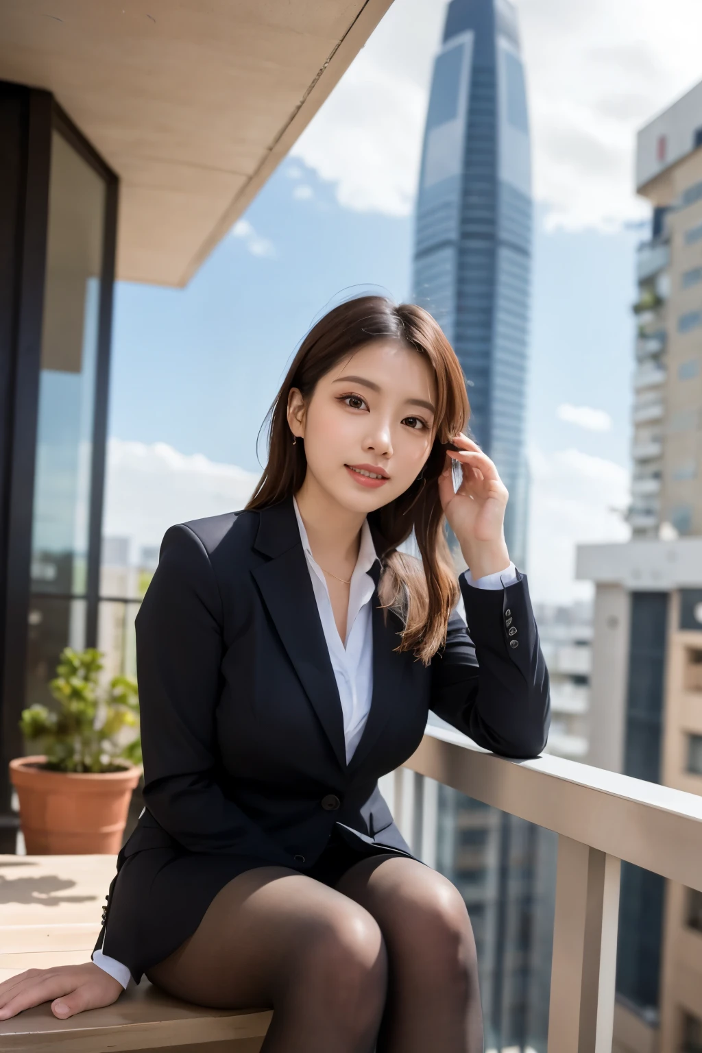 masterpiece, Bokeh, (Beautiful Face), (Detailed face), (Perfect hands), (Japanese Idols:1.6), (business suit:1.3), (Super realistic modern patterned pantyhose:1.3), (Sit at the top of the tower:1.3),( Balcony of a high-rise apartment building:1.3), (Blushed:1.3), High heels, (From below:1.8), Beautiful mature woman、