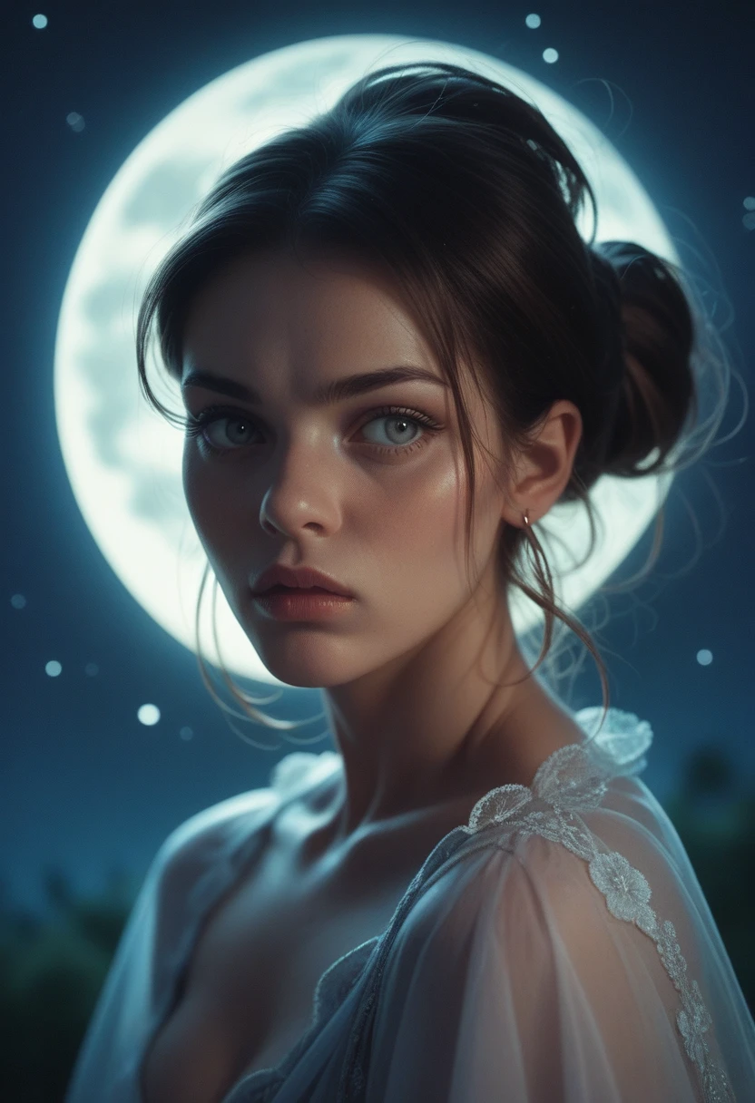 A beautiful woman, telling a secrets,((( in the background the full moon, night and stars)))