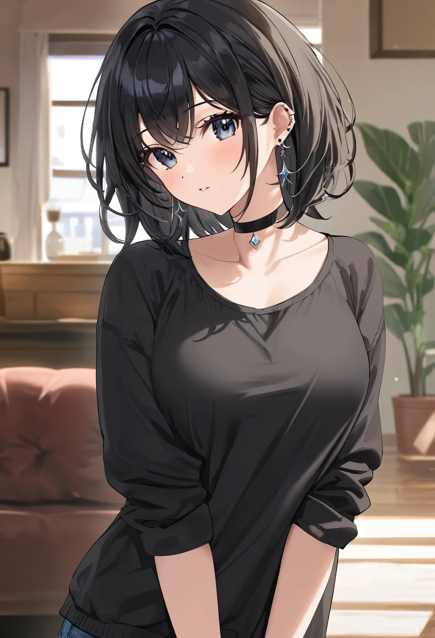 best quality, super_delicate, ultra detailed, beautiful, 8k , 1girl, milf, black hair, casual clothes, earrings, choker, indoor, bright