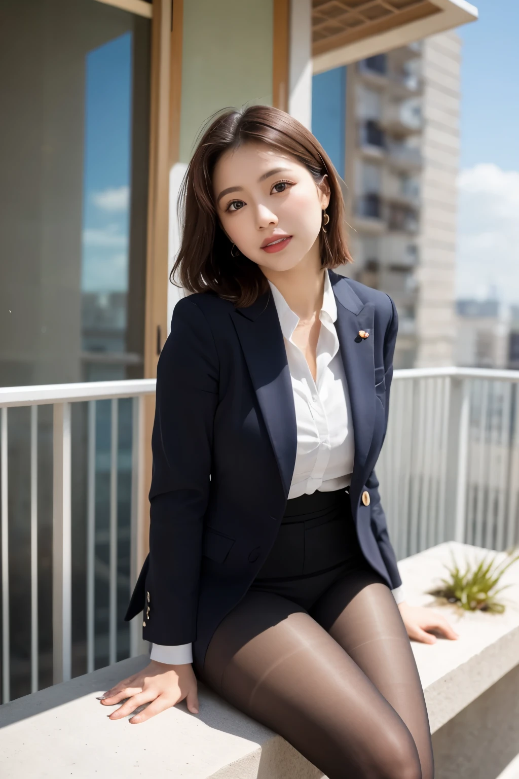 masterpiece, Bokeh, (Beautiful Face), (Detailed face), (Perfect hands), (Japanese Idols:1.6), (business suit:1.3), (Ultra-realistic pantyhose:1.3), (Sit at the top of the tower:1.3),( Balcony of a high-rise apartment building:1.3), (Blushed:1.3), High heels, (From below:1.5), Beautiful mature woman、