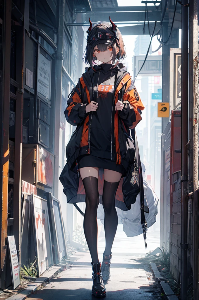 （Highest quality、High resolution、8k、mysterious、masterpiece：1.2）。Gatekeeper of Hell。In front of the gate that emits an evil aura、A woman wearing a cyberpunk orange mask is standing。She&#39;s curvy yet slender。Smiling and showing teeth。The beauty of lighting created by light and shadow。That&#39;s pretty detailed.。Dark skin and light eyes。The long white scarf around her neck is fluttering in the wind.。Aggressive fighting stance。Divinity。Aura overflowing。The bandages are fraying。original character。1 girl、solo、Silver ponytail short hair、Black tattered coat、White shirt with black ribbon、Yellow-green checkered skirt、Long white socks、sf、Her arms are made of steel automail.。He carries a giant orange and lime green mechanical scythe on his shoulder.