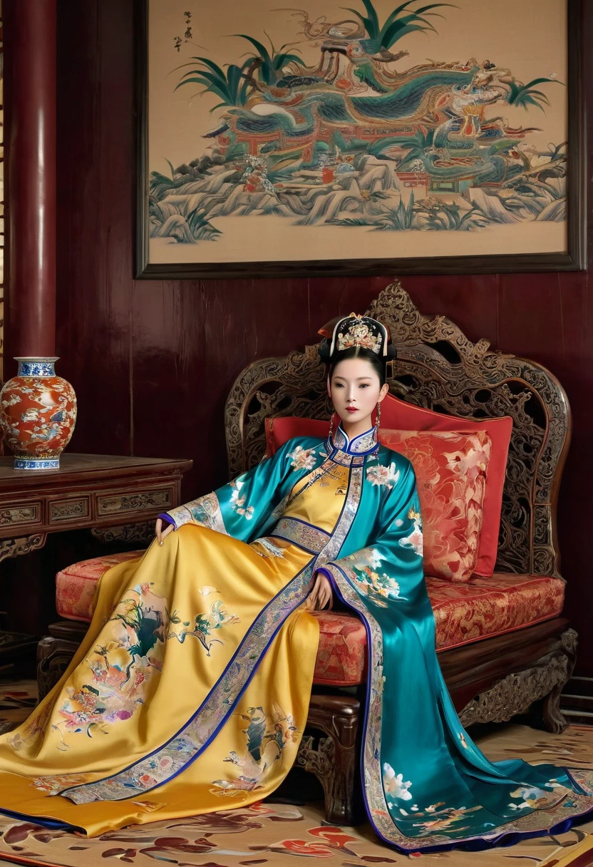 Gorgeous Empress of the Chinese Court during the Qing Dynasty Gorgeous Empress of the Chinese Court on a sofa, nude, large and golden, with her legs on the sofa, wide open, knees bent, in an M pose (pornographic pose), with her hair tied on both sides The background of this perverted and erotic woman wearing a crown and tying her hair is the Chinese court of the Qing Dynasty. The scene is set in the luxurious room of an empress in the Qing Dynasty Chinese court.
Translated with DeepL.com (free version)