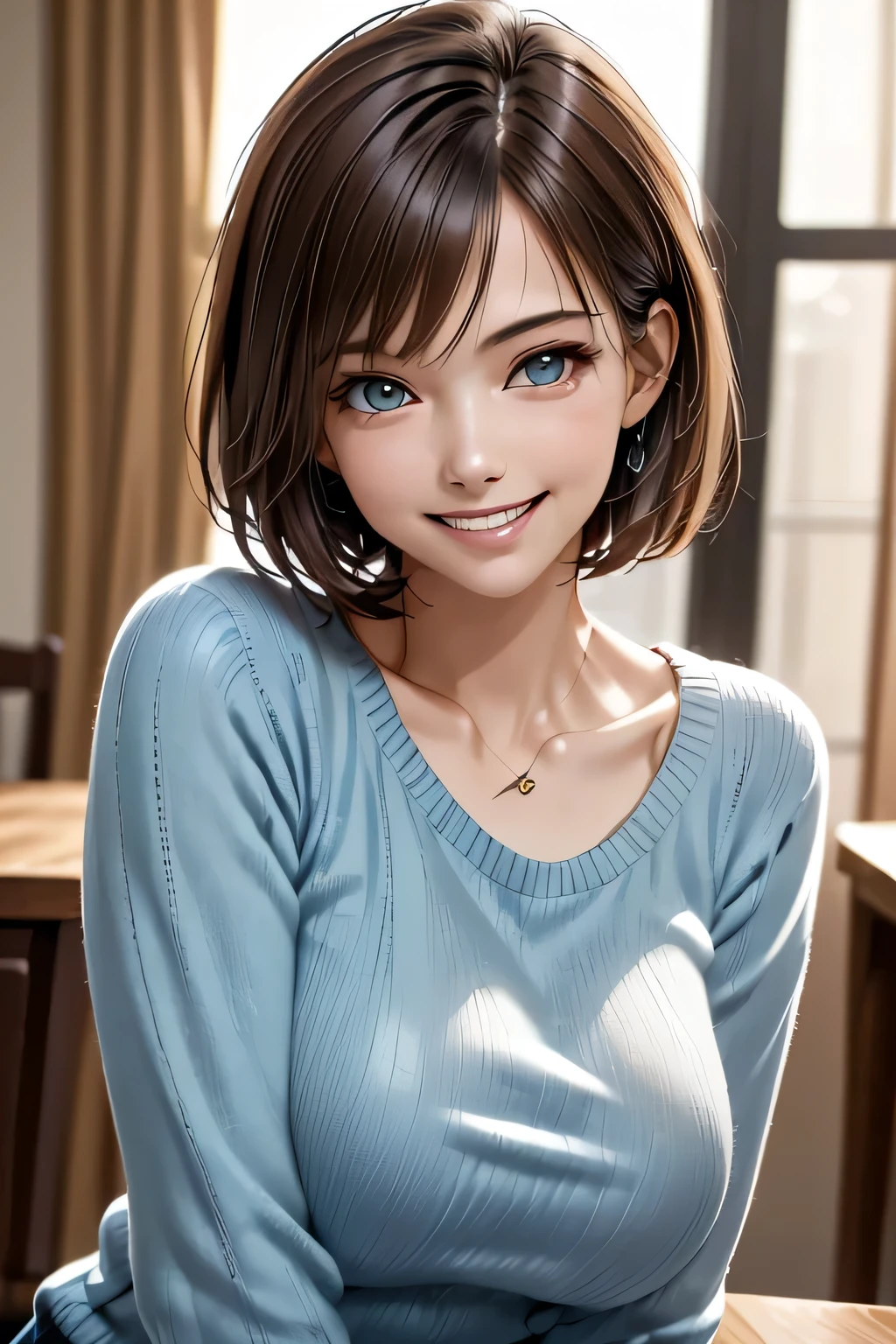 ((Realistic Light, Highest quality, 8k, Tabletop: 1.3)), 1 girl, Brunette Pixie Cut, Large Breasts, (Summer Sweater), Highly detailed face, Beautiful Eyes, double eyelid, grin, (Elegant), Relax, (My Room)