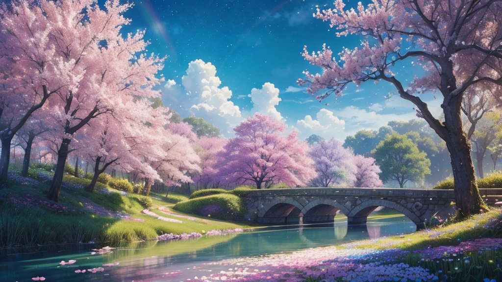 ((masterpiece)),((highest quality)),((high detail)),nobody, Magic Flower, Fantastic flowers, Rainbow River, pastel colour, A lot of gems, Sparkling, Shining Wind