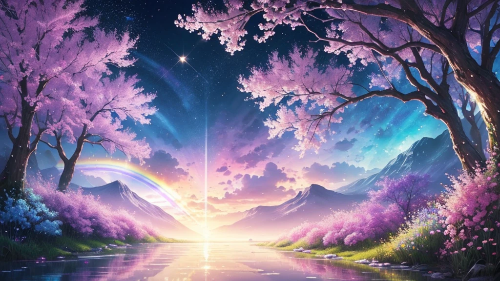 ((masterpiece)),((highest quality)),((high detail)),nobody, Magic Flower, Fantastic flowers, Rainbow River, pastel colour, A lot of gems, Sparkling, Shining Wind