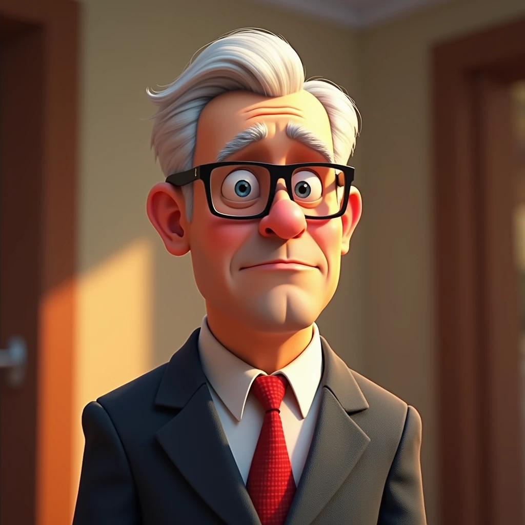 Crie um cartaz inspirado na Disney Pixar com o personagem sendo o deputado Keniston Braga, A white-haired man wearing glasses, the scene will be in Pixar's distinctive digital art style. Focus on character expressions, Vibrant colors and detailed textures present your animations, with the title " Keniston Braga no meio, Quero a cena dos principais filmes do PIXar