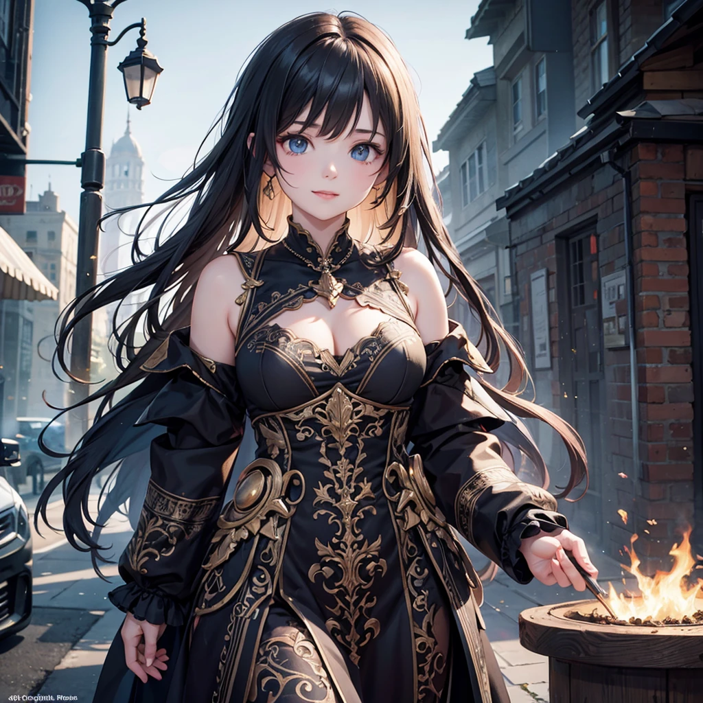 a beautiful woman in a fantasy world, smirking and serving the viewer, wearing tattered clothes, standing in a city street, intricate detailed facial features, high quality 8k render, photorealistic, cinematic lighting, dramatic colors, dramatic angles, dramatic poses, elegant fantasy dress, glowing magical effects