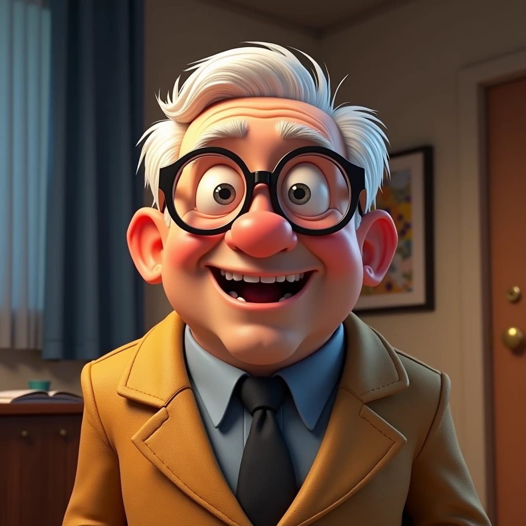 Create a poster inspired by Disney Pixar with the character being deputy Keniston Braga, A white-haired man wearing glasses, the scene will be in Pixar's distinctive digital art style. Focus on character expressions, Vibrant colors and detailed textures present your animations, with the title " Keniston Braga in the middle, I want the scene from the main PIXar films，laughing out loud