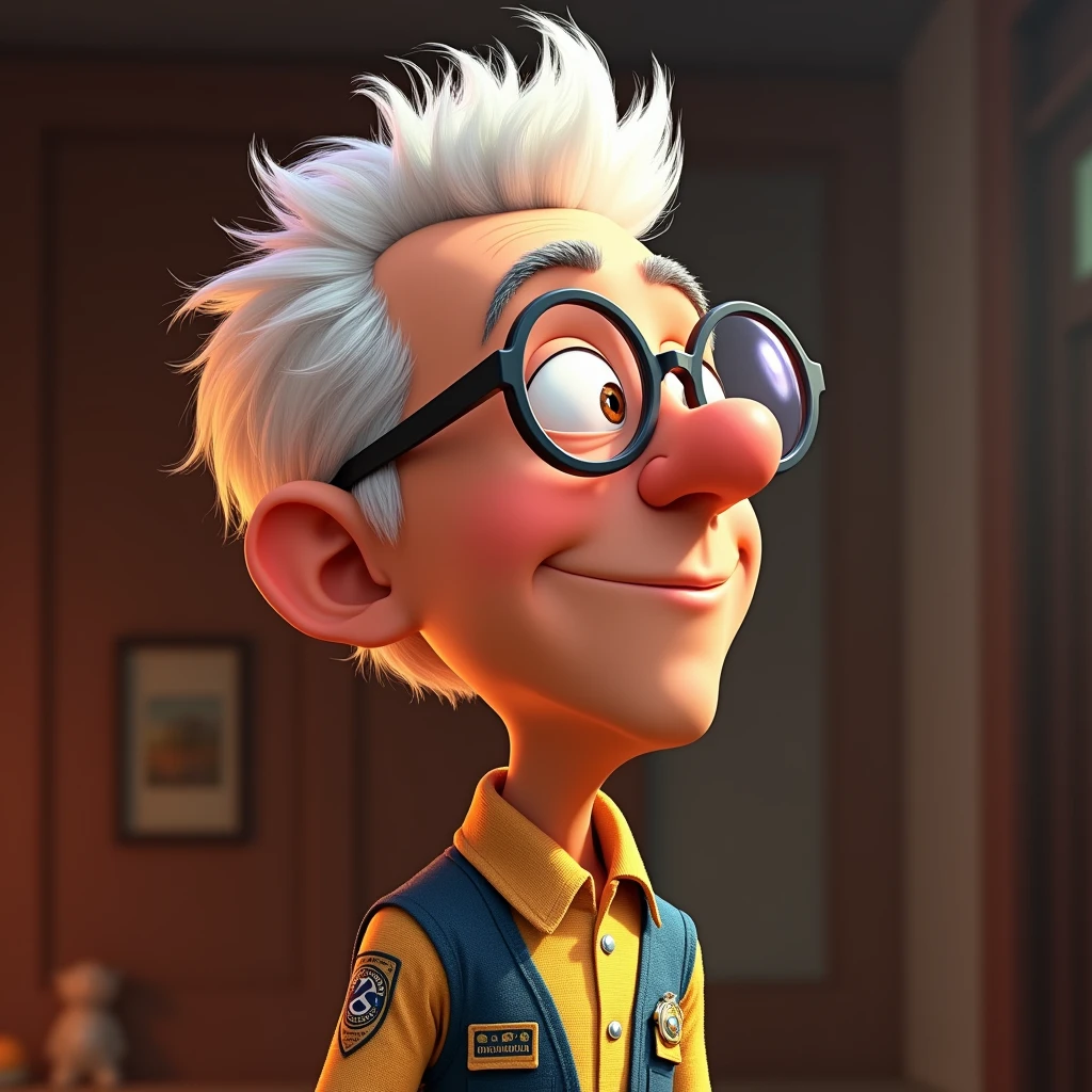Create a poster inspired by Disney Pixar with the character being deputy Keniston Braga, A white-haired man wearing glasses, the scene will be in Pixar's distinctive digital art style. Focus on character expressions, Vibrant colors and detailed textures present your animations, with the title " Keniston Braga in the middle, I want the scene from the main PIXar films,laughing out loud